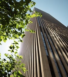 View looking up a skyscraper with green leaves of a tree out of focus in the foreground